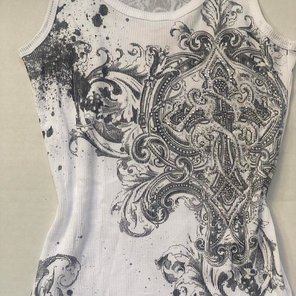 Blinged Rhinestone Cross White & black Y2K tank top grunge